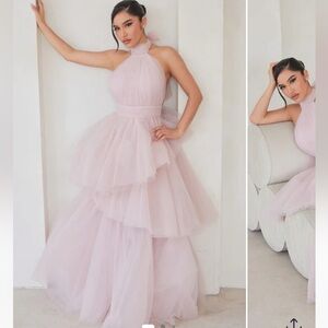 Fashion Nova Pink Tiered Halter Gown for Prom